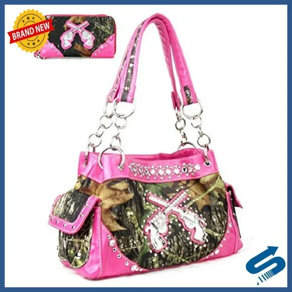 Camouflage Crossed Guns Shoulder Bag 13W Leather Zipper Closure